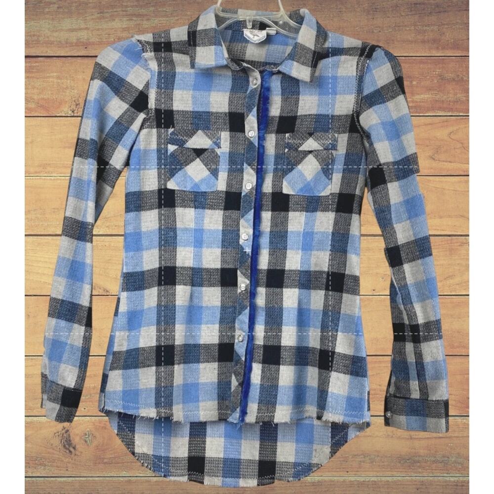 White Crow Plaid Shirt XS Blue Black Fringe Ribbon Trim Boho Western Button